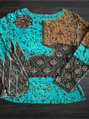 Chico's Turquoise and Brown Patchwork Long-Sleeve Top